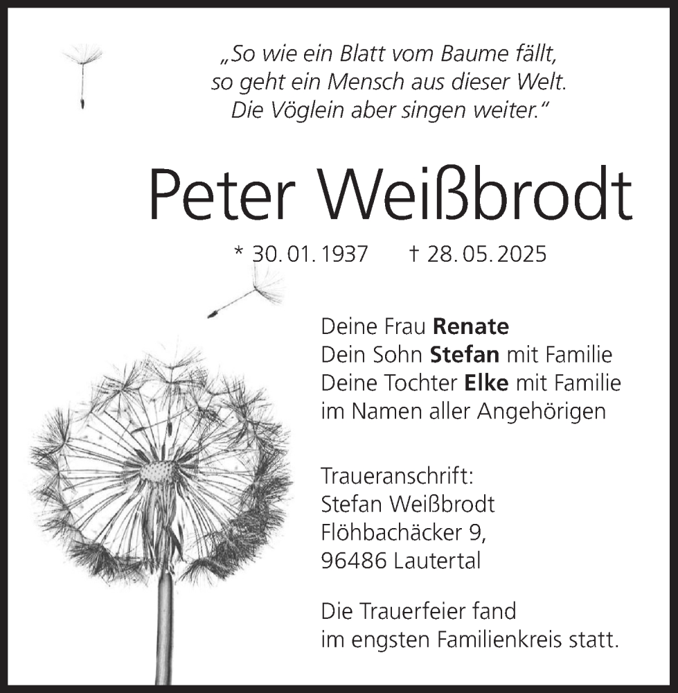  Traueranzeige für Peter Weißbrodt vom 21.06.2025 aus MGO
