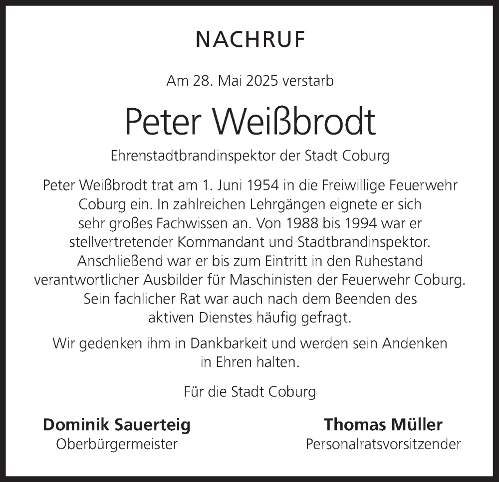  Traueranzeige für Peter Weißbrodt vom 25.06.2025 aus MGO