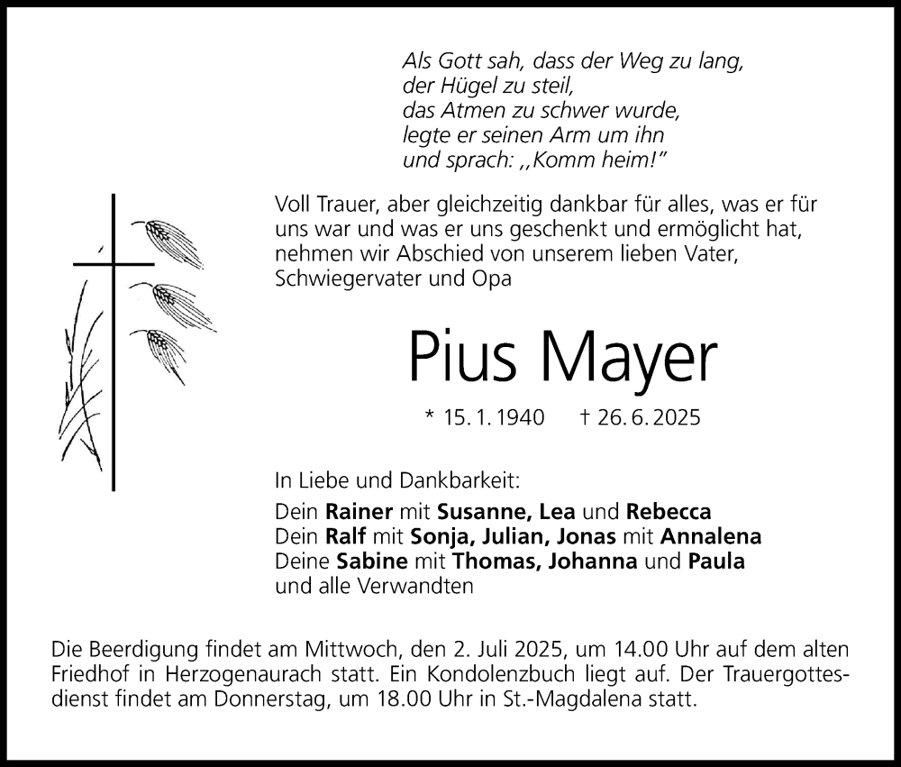  Traueranzeige für Pius Mayer vom 28.06.2025 aus MGO