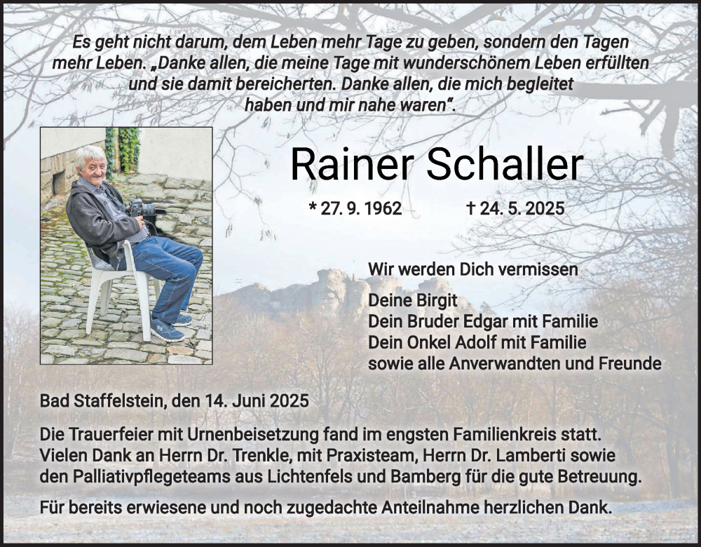  Traueranzeige für Rainer Schaller vom 14.06.2025 aus MGO