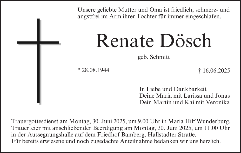  Traueranzeige für Renate Dösch vom 28.06.2025 aus MGO