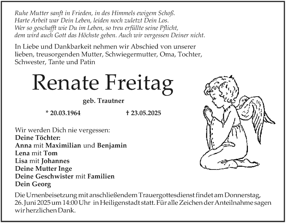  Traueranzeige für Renate Freitag vom 21.06.2025 aus MGO