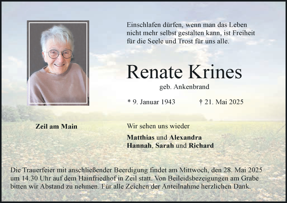  Traueranzeige für Renate Krines vom 24.05.2025 aus MGO