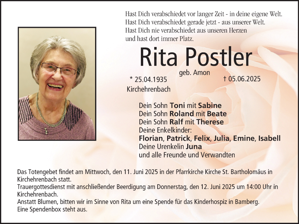  Traueranzeige für Rita Postler vom 07.06.2025 aus MGO