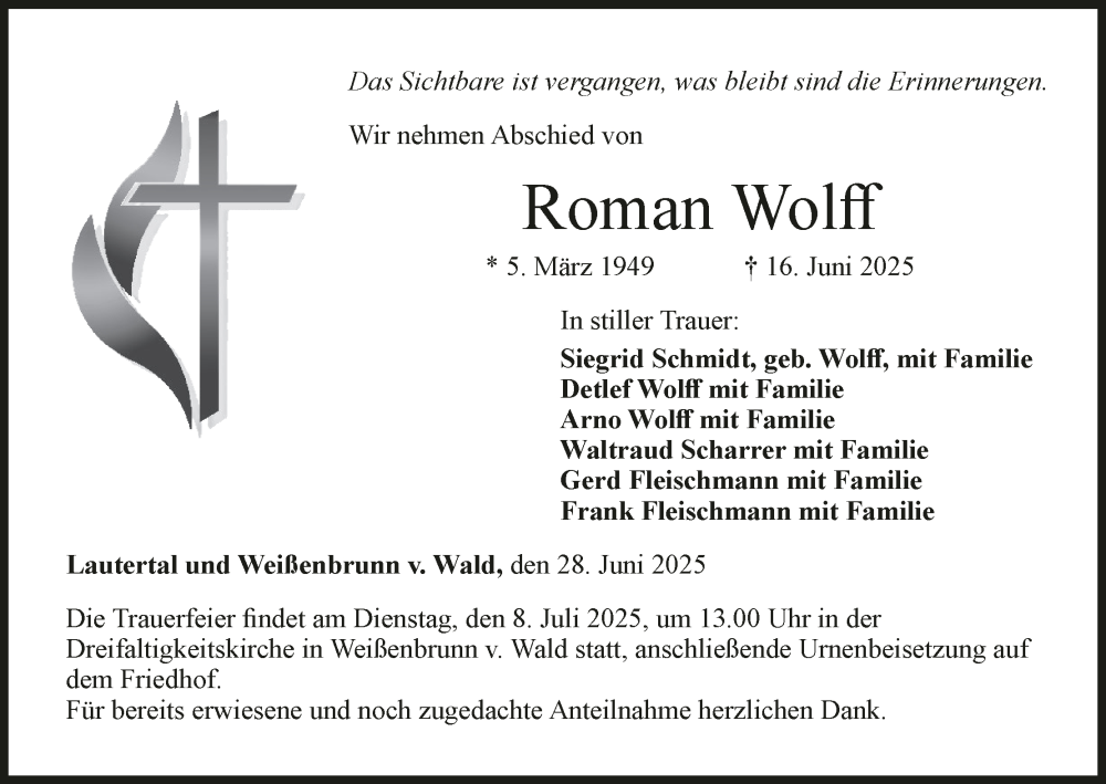  Traueranzeige für Roman Wolff vom 28.06.2025 aus MGO