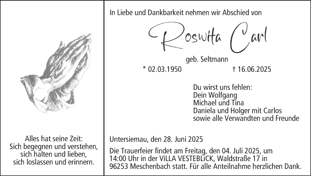  Traueranzeige für Roswitha Carl vom 28.06.2025 aus MGO