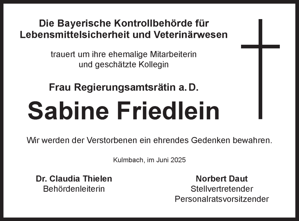  Traueranzeige für Sabine Friedlein vom 07.06.2025 aus MGO