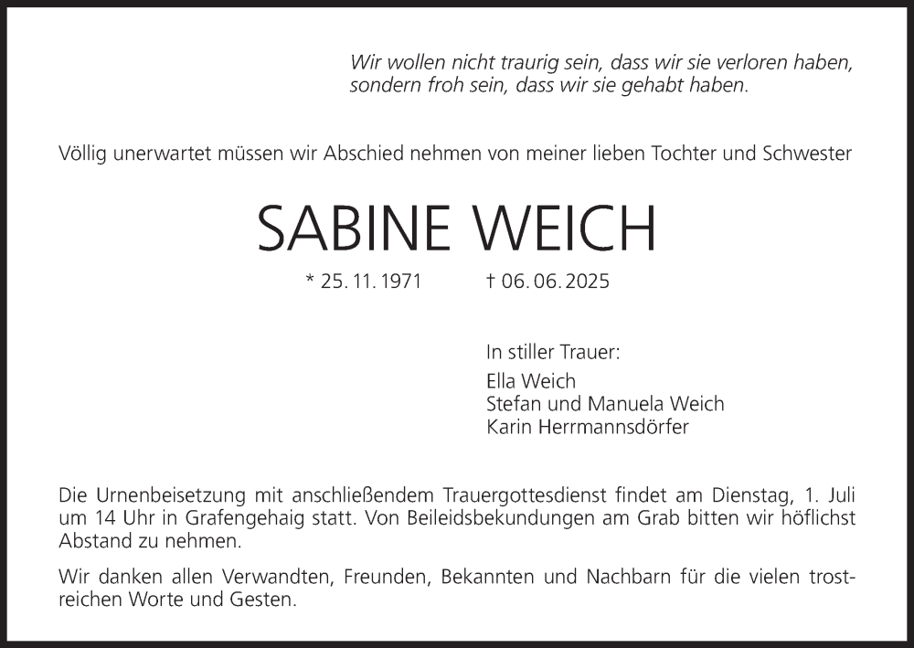  Traueranzeige für Sabine Weich vom 28.06.2025 aus MGO