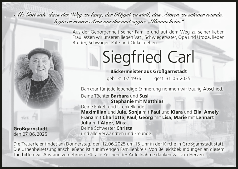  Traueranzeige für Siegfried Carl vom 07.06.2025 aus MGO
