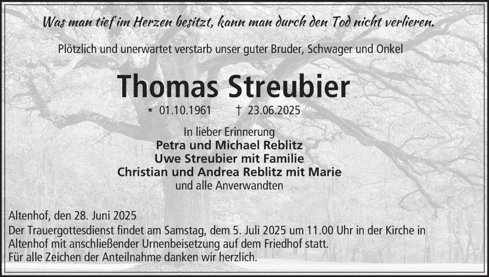  Traueranzeige für Thomas Streubier vom 28.06.2025 aus MGO