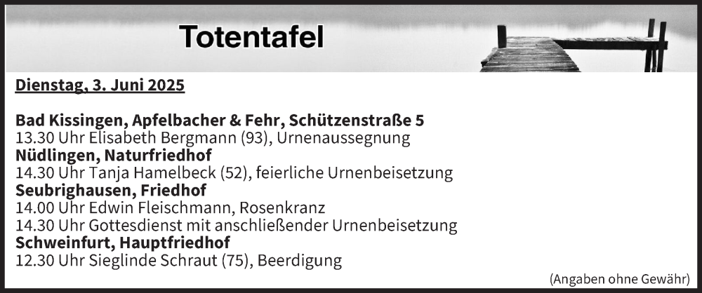  Traueranzeige für Totentafel vom 03.06.2025 vom 03.06.2025 aus MGO