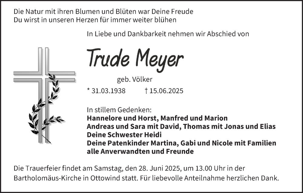  Traueranzeige für Trude Meyer vom 21.06.2025 aus MGO