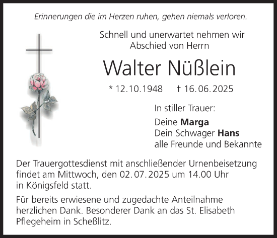 Anzeige von Walter Nüßlein von MGO