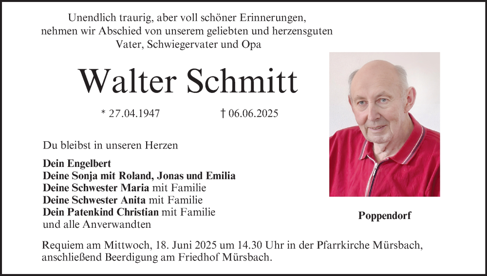  Traueranzeige für Walter Schmitt vom 14.06.2025 aus MGO