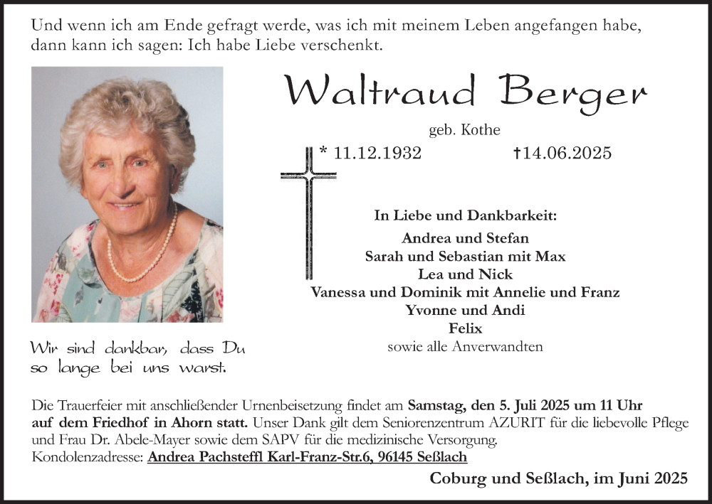  Traueranzeige für Waltraud Berger vom 28.06.2025 aus MGO