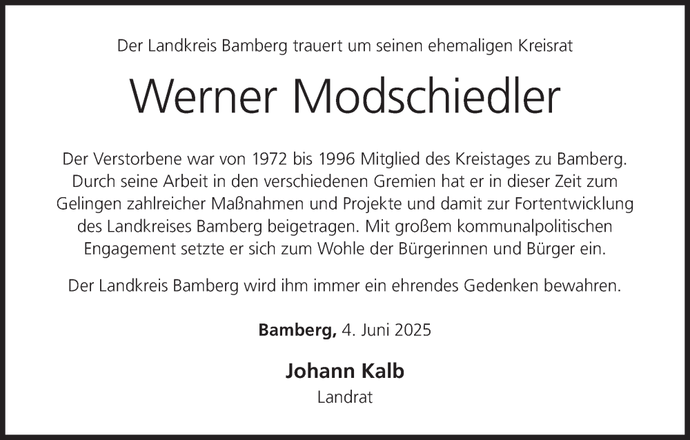  Traueranzeige für Werner Modschiedler vom 04.06.2025 aus MGO