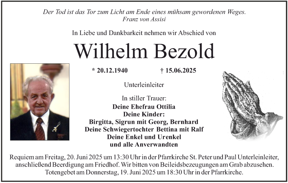  Traueranzeige für Wilhelm Bezold vom 18.06.2025 aus MGO