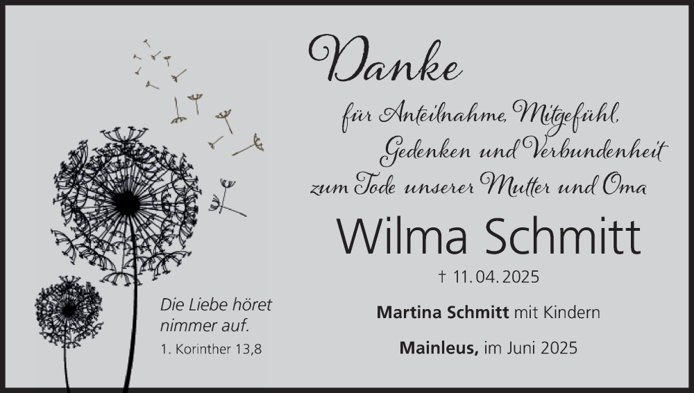 Traueranzeige für Wilma Schmitt vom 07.06.2025 aus MGO