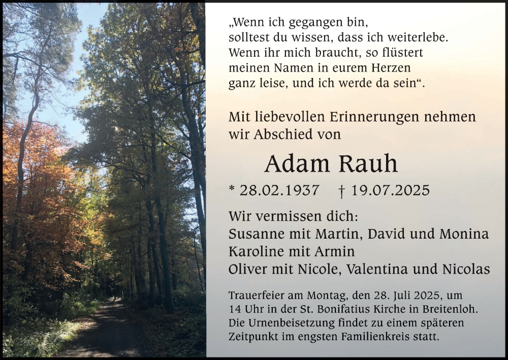  Traueranzeige für Adam Rauh vom 24.07.2025 aus MGO