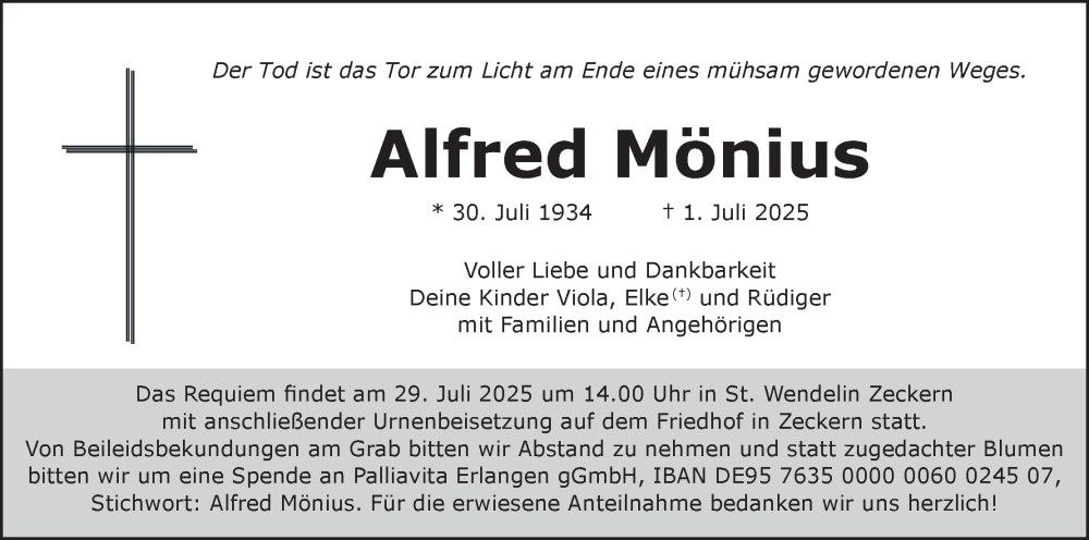 Traueranzeige für Alfred Mönius vom 26.07.2025 aus MGO