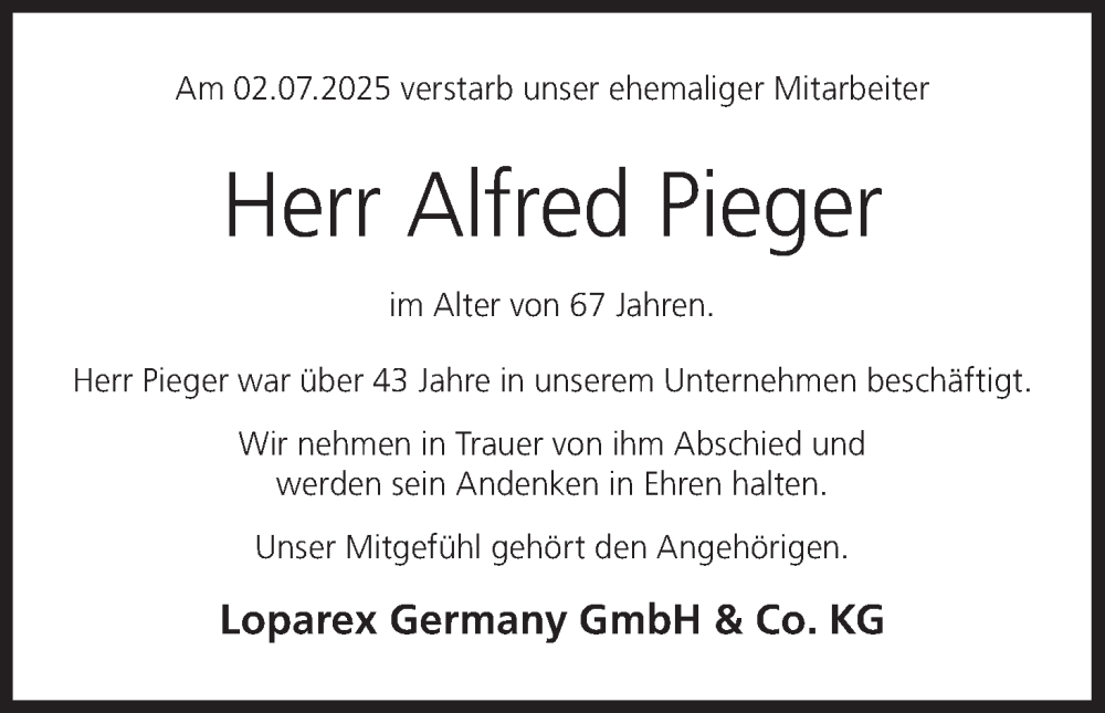  Traueranzeige für Alfred Pieger vom 15.07.2025 aus MGO