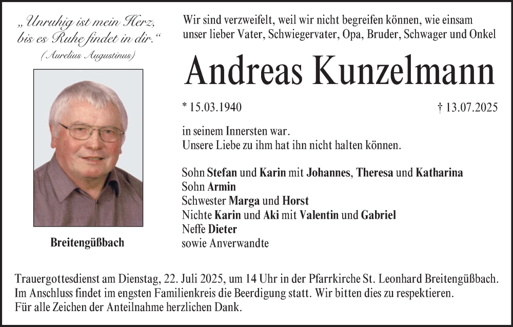  Traueranzeige für Andreas Kunzelmann vom 19.07.2025 aus MGO