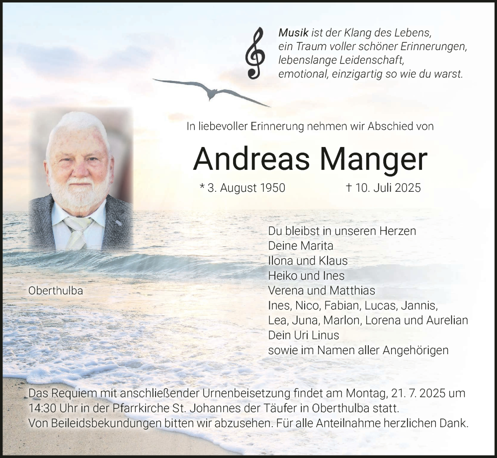  Traueranzeige für Andreas Manger vom 19.07.2025 aus MGO