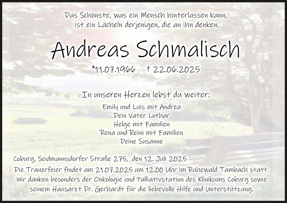  Traueranzeige für Andreas Schmalisch vom 12.07.2025 aus MGO