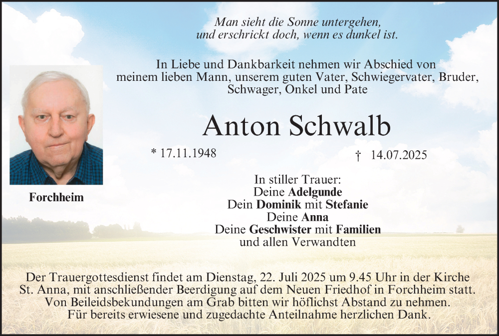  Traueranzeige für Anton Schwalb vom 19.07.2025 aus MGO