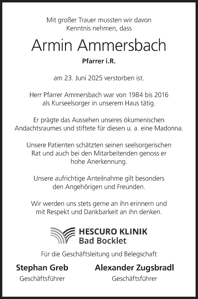  Traueranzeige für Armin Ammersbach vom 01.07.2025 aus MGO