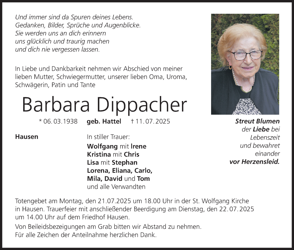  Traueranzeige für Barbara Dippacher vom 19.07.2025 aus MGO