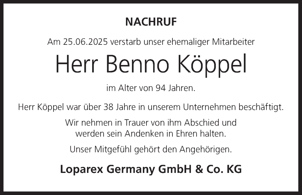  Traueranzeige für Benno Köppel vom 29.07.2025 aus MGO