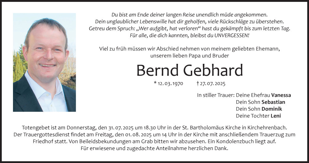  Traueranzeige für Bernd Gebhard vom 30.07.2025 aus MGO