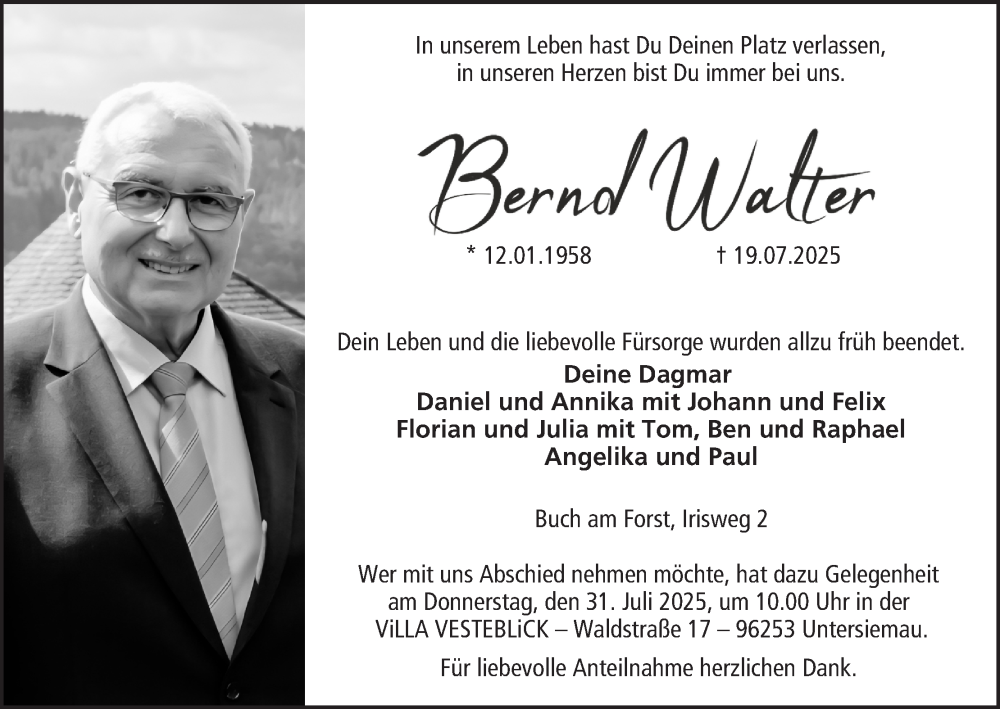  Traueranzeige für Bernd Walter vom 26.07.2025 aus MGO