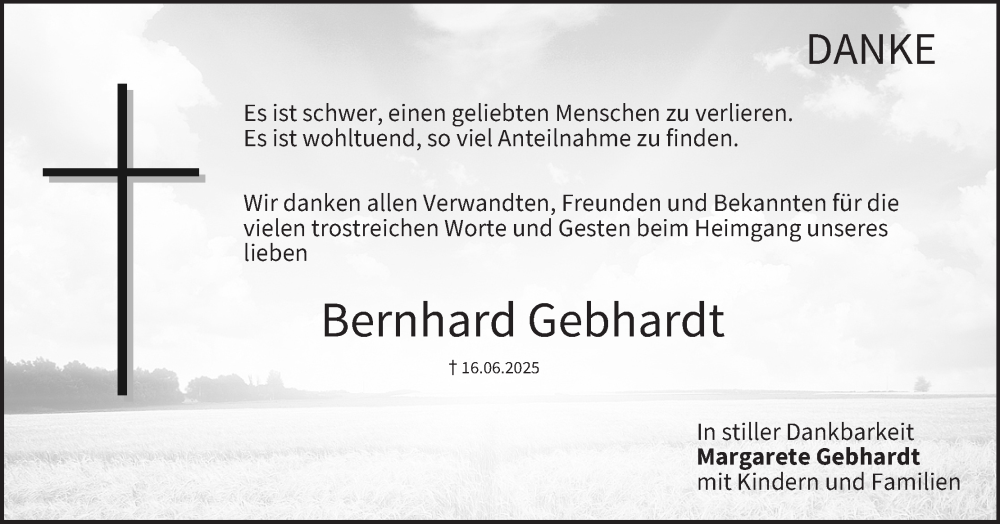  Traueranzeige für Bernhard Gebhardt vom 26.07.2025 aus MGO