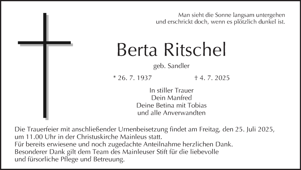  Traueranzeige für Berta Ritschel vom 19.07.2025 aus MGO