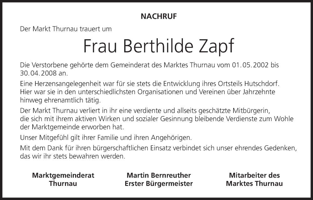  Traueranzeige für Berthilde Zapf vom 26.07.2025 aus MGO