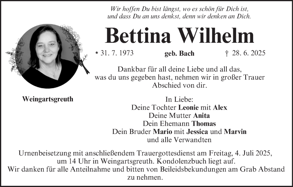  Traueranzeige für Bettina Wilhelm vom 02.07.2025 aus MGO