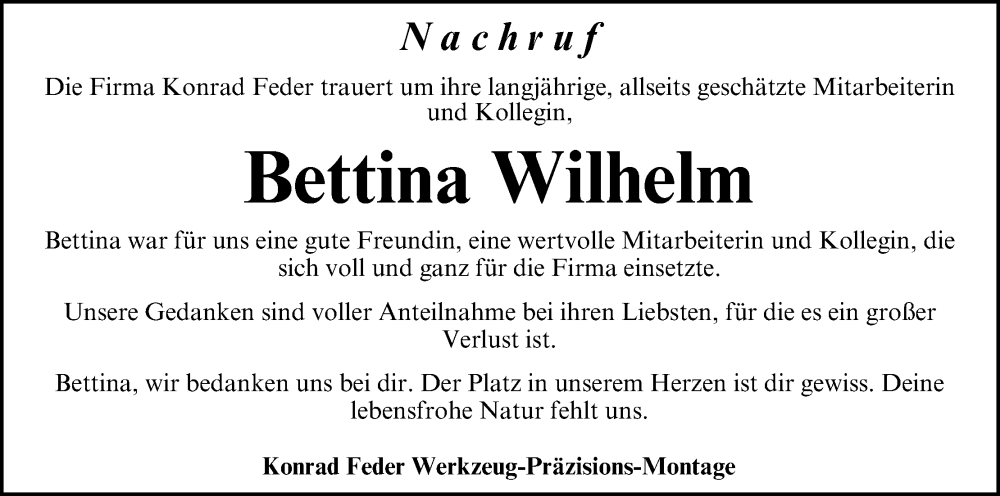  Traueranzeige für Bettina Wilhelm vom 05.07.2025 aus MGO