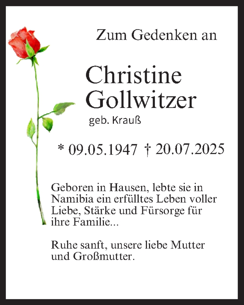  Traueranzeige für Christine Gollwitzer vom 26.07.2025 aus MGO