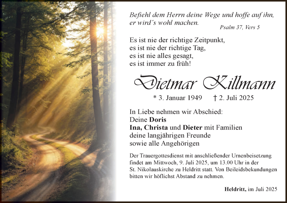  Traueranzeige für Dietmar Killmann vom 05.07.2025 aus MGO