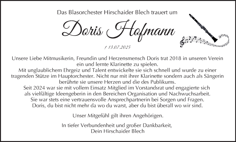  Traueranzeige für Doris Hofmann vom 26.07.2025 aus MGO