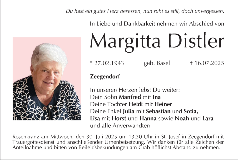  Traueranzeige für Margitta Distler vom 26.07.2025 aus 