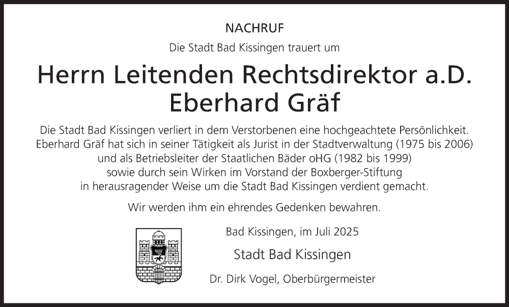  Traueranzeige für Eberhard Gräf vom 26.07.2025 aus MGO