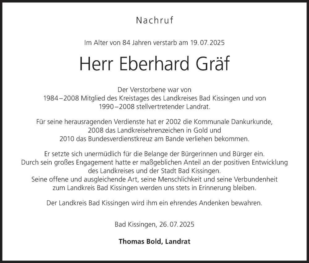  Traueranzeige für Eberhard Gräf vom 26.07.2025 aus MGO