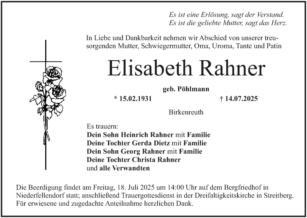  Traueranzeige für Elisabeth Rahner vom 16.07.2025 aus MGO