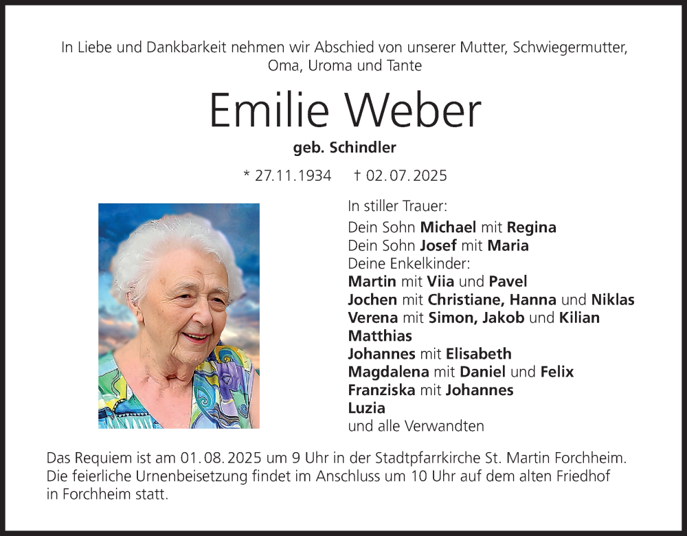  Traueranzeige für Emilie Weber vom 26.07.2025 aus MGO