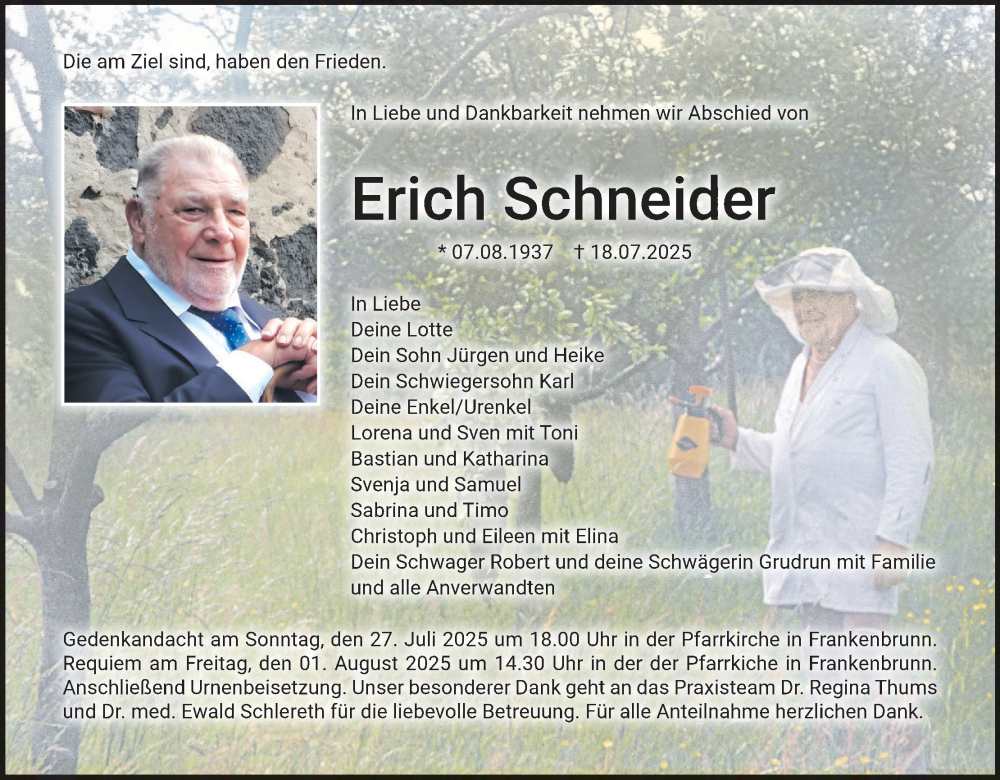  Traueranzeige für Erich Schneider vom 26.07.2025 aus MGO