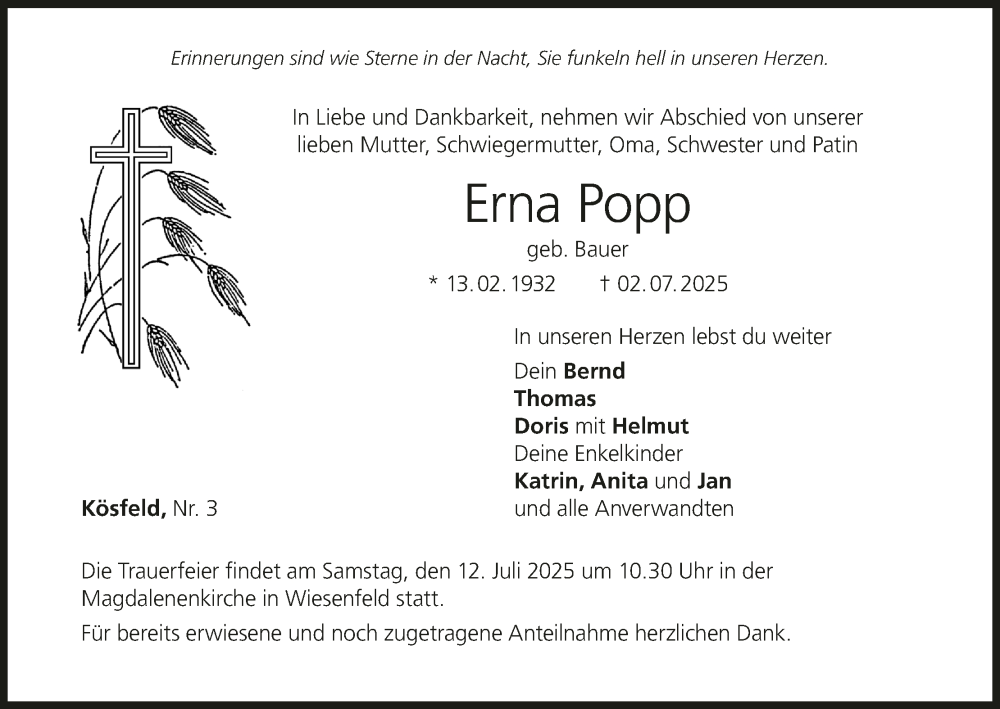  Traueranzeige für Erna Popp vom 05.07.2025 aus MGO