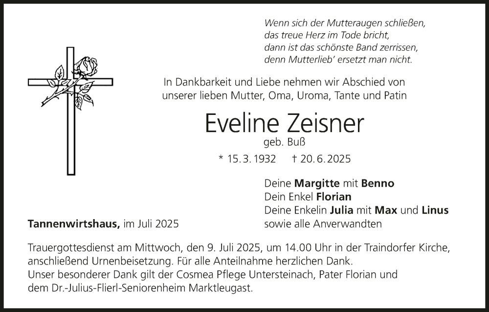  Traueranzeige für Eveline Zeisner vom 05.07.2025 aus MGO